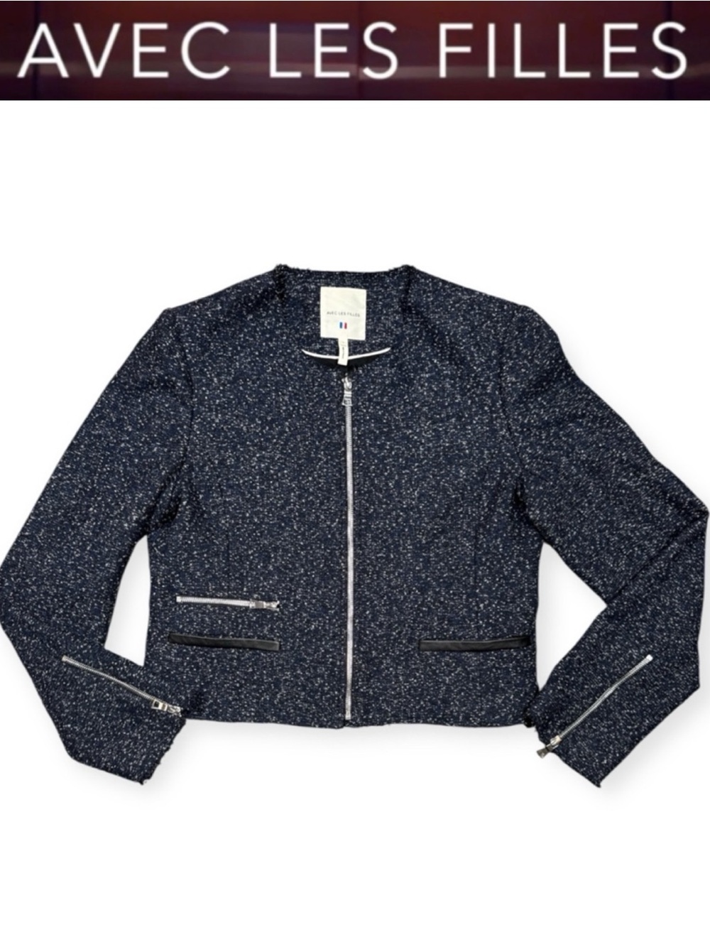 AVEC LES FILLES NAVY WOOL BLEND RAW EDGE TWEED ZIP FRONT BLAZER W/LAMBSKIN TRIM